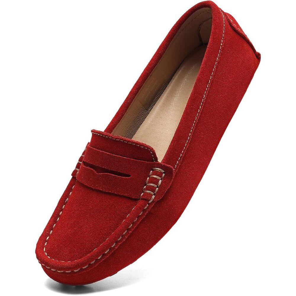 Women's Red Suede Leather Slip-On Fashion Retro Casual Penny Loafers Shoes